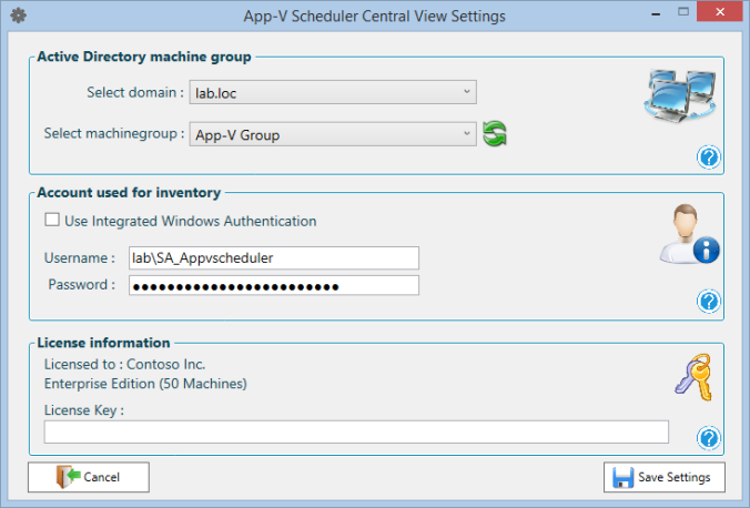 App-V Scheduler Central View Configuration Window